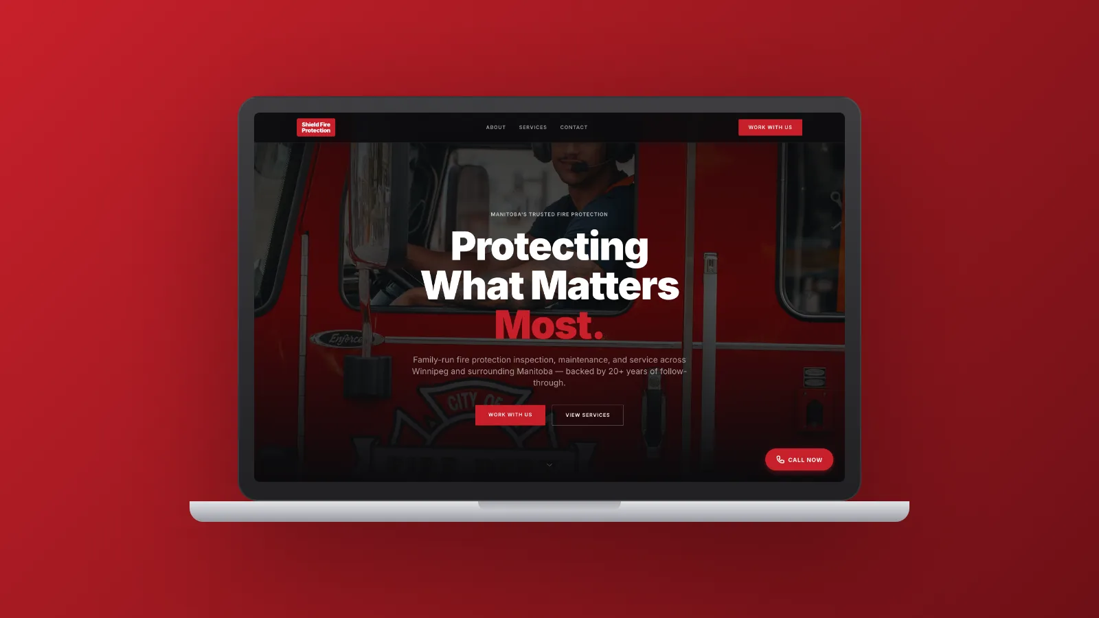 Fire Protection Company Redesign, laptop mockup on a red gradient