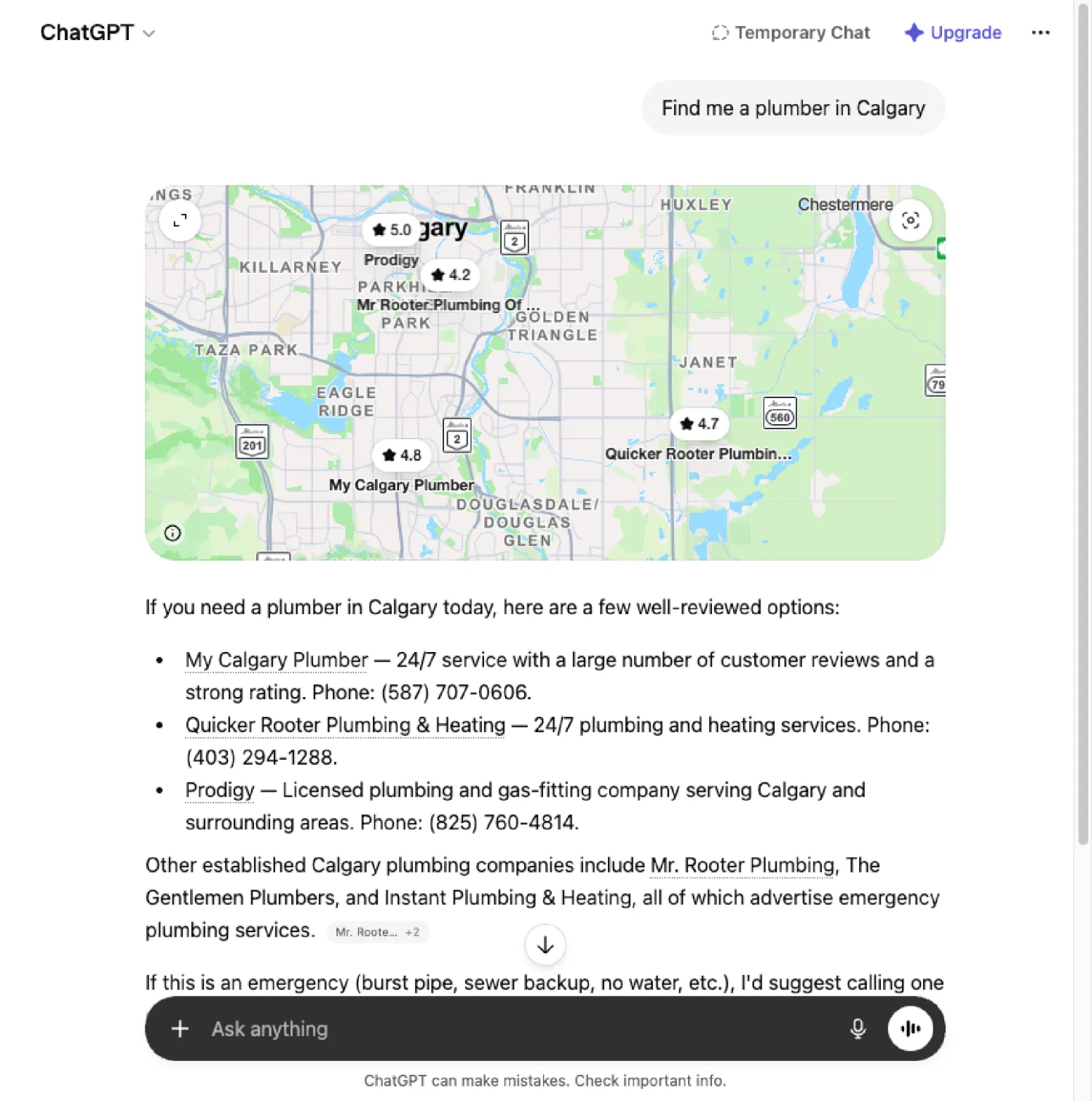 ChatGPT answering "find me a plumber in Calgary" with a map and three local plumbing companies listed.