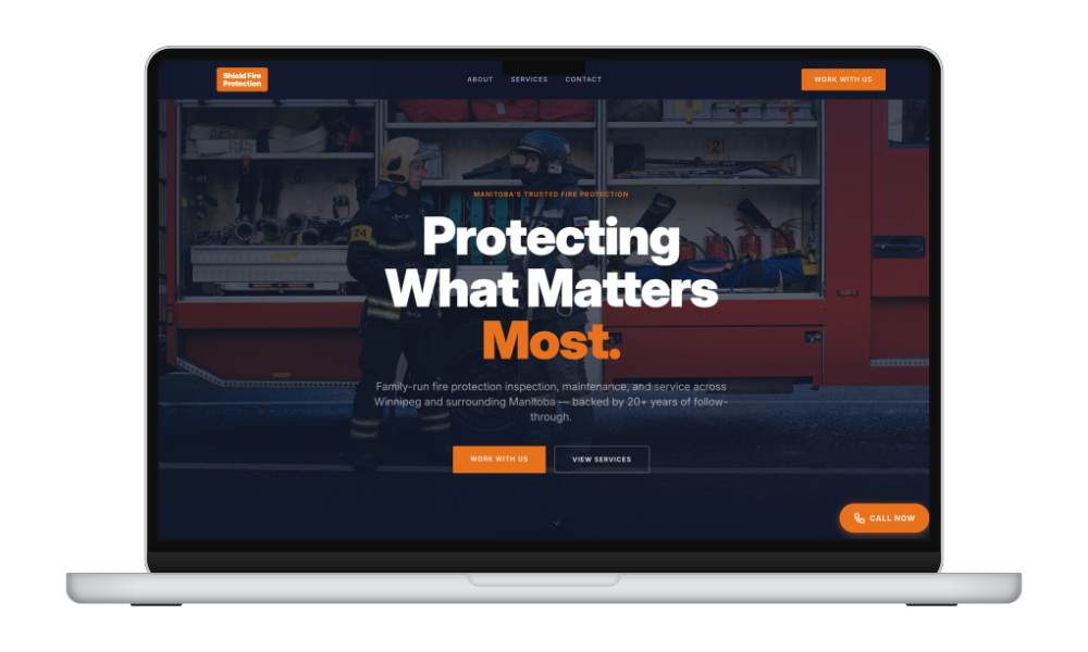 Laptop mockup — hero, credentials and trust signals above the fold