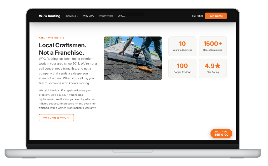 Laptop mockup — credibility narrative and key stats